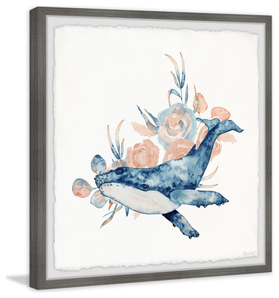 "Whale and Flowers" Framed Painting Print, 32x32