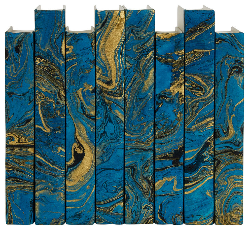 8 Piece Decorative Book Set, Hand Painted Marble on Turquoise