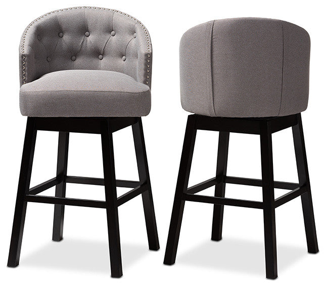 Theron Transitional Gray Fabric Upholstered Wood Swivel Bar Stool Set Of 2