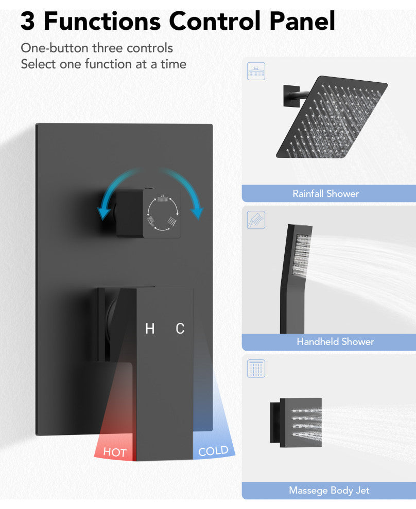 3-Function Shower Faucet System with Pressure Balance Valve, Matte Black