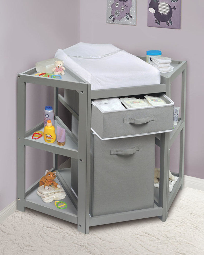 Diaper Corner Baby Changing Table With Hamper and Basket, Gray