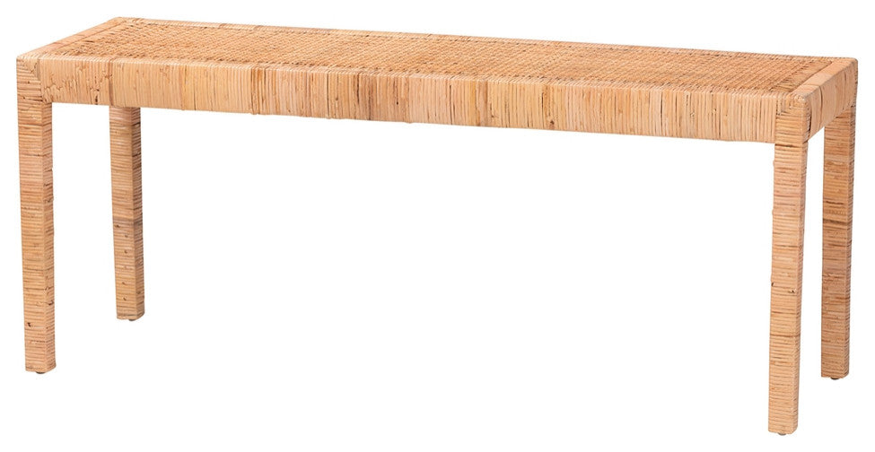 Modern Bohemian Natural Rattan and Mahogany Wood Long Accent Bench
