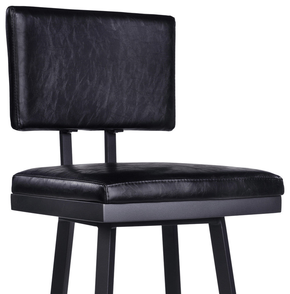 30" Vintage Black on Black Faux Leather Rectangular Swivel Armless Bar Stool