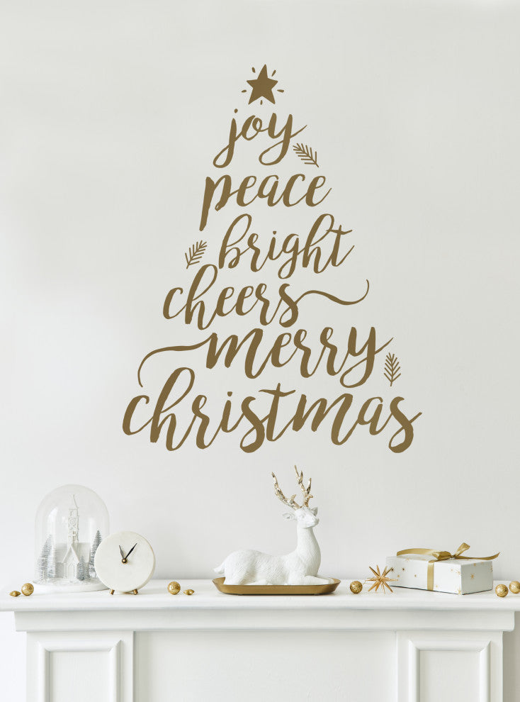 Holiday Christmas Tree Words Wall Decal, Gold, Merry Christmas