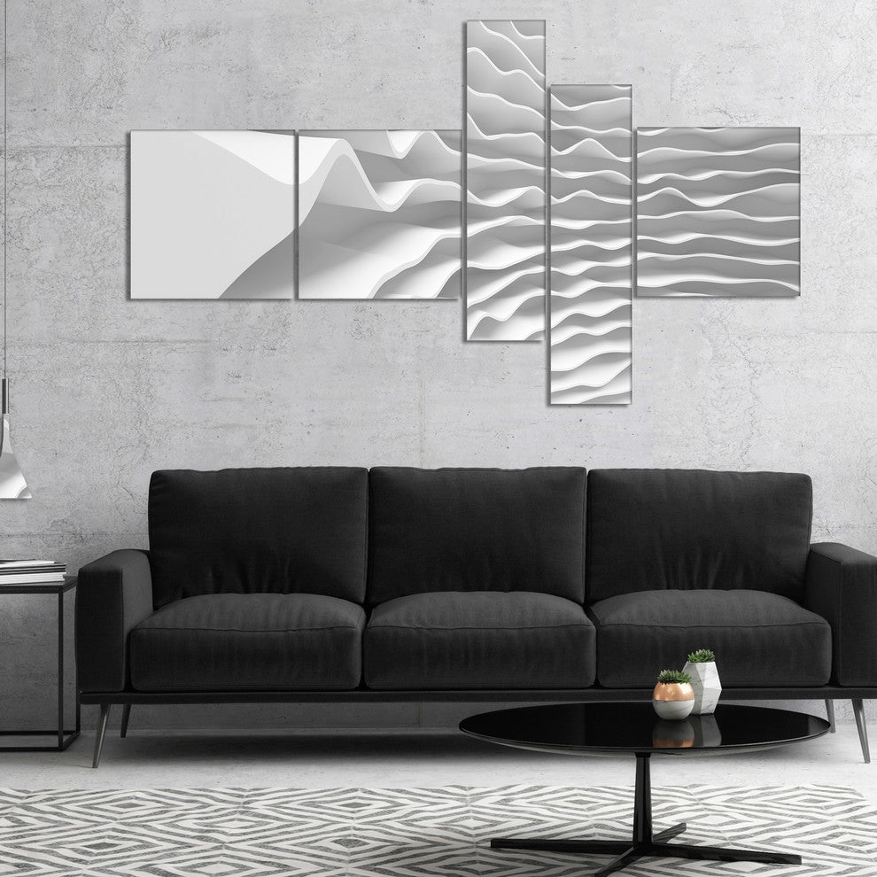 Fractal Curved White 3D Waves, Abstract Canvas Art Print, 60"x32", 5 panels