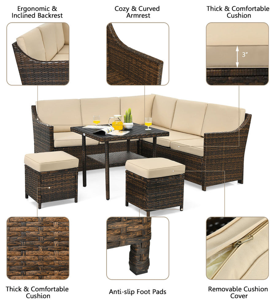 Costway 6PCS Patio Rattan Dining Sofa Furniture Set Ottoman Table Lower Shelf