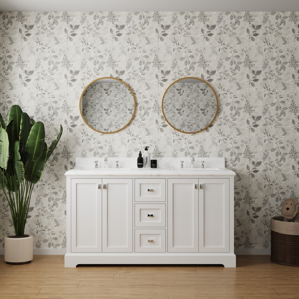 Freestanding Double Bathroom Vanity with White Carrara Marble Top, White, 60"