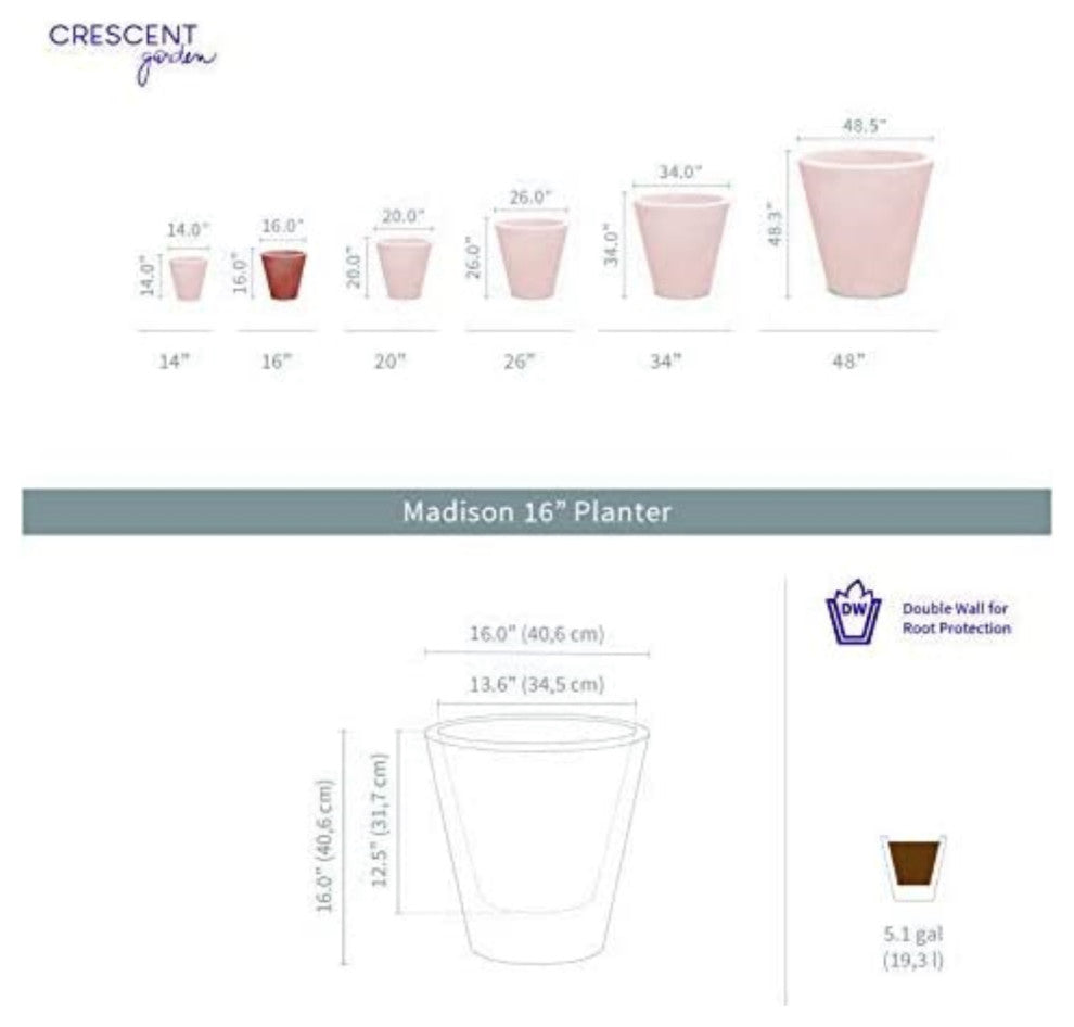 Crescent Garden Madison Planter, Double-Walled Plant Pot, 16" (Slate)