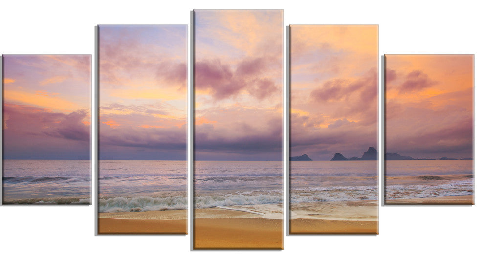"Bright Morning Over The Sea" Modern Seashore Canvas Art, 5 Panels, 60"x32"