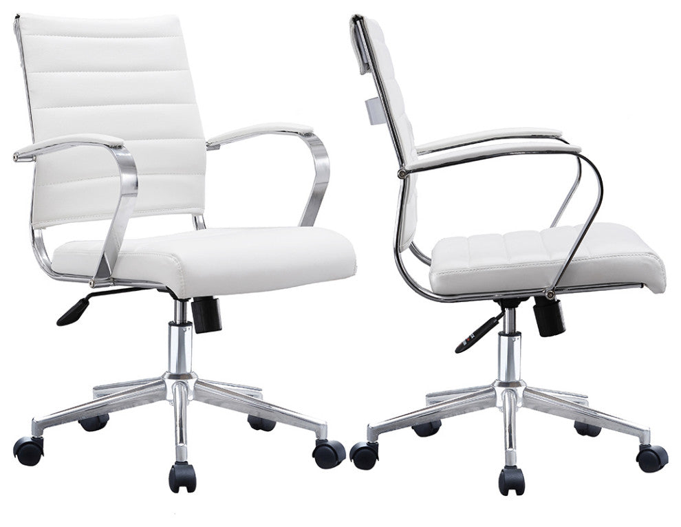 Set of 2 Mid Back Swivel Ribbed PU Leather Office Arm Chair Modern Ergonomic, White