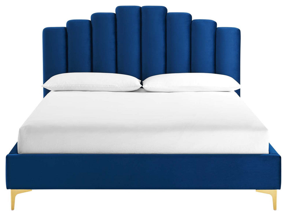 Platform Bed Frame, Queen Size, Velvet, Blue Navy, Modern Contemporary, Bedroom