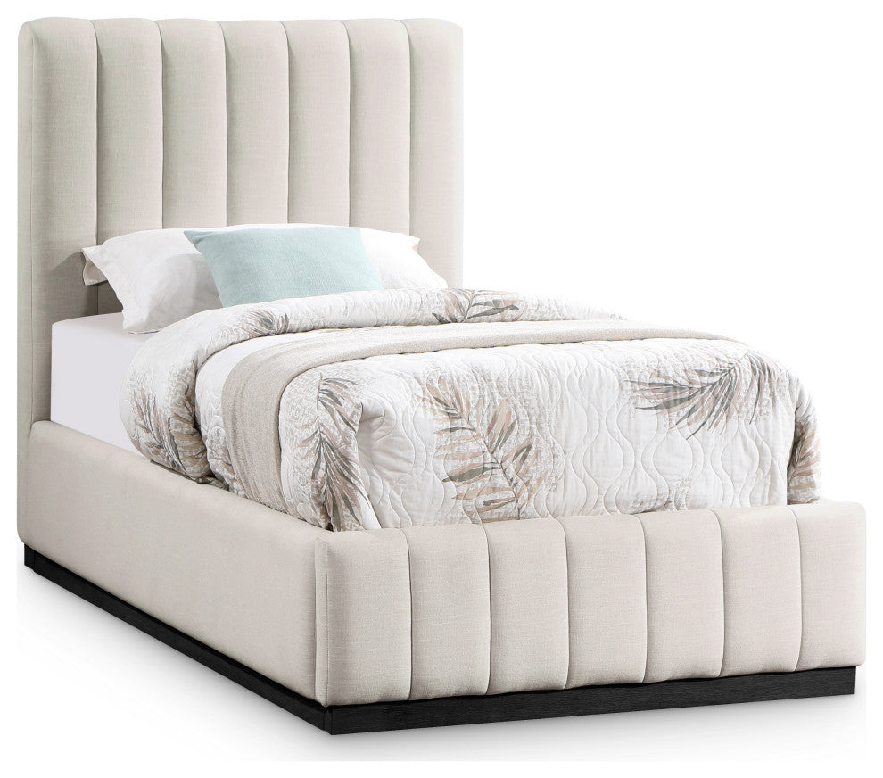 Lucia Beige Linen Textured Fabric Full Bed, Beige, Twin, Black Finish