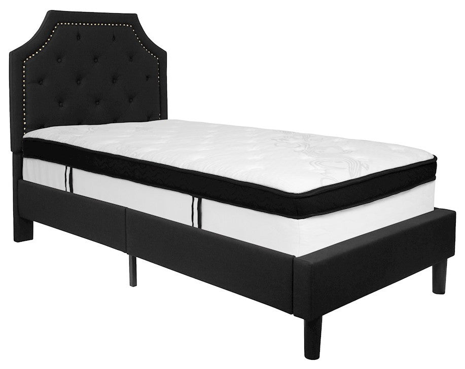 Twin Size Tufted Platform Bed in Black Fabric with Memory Foam Mattress