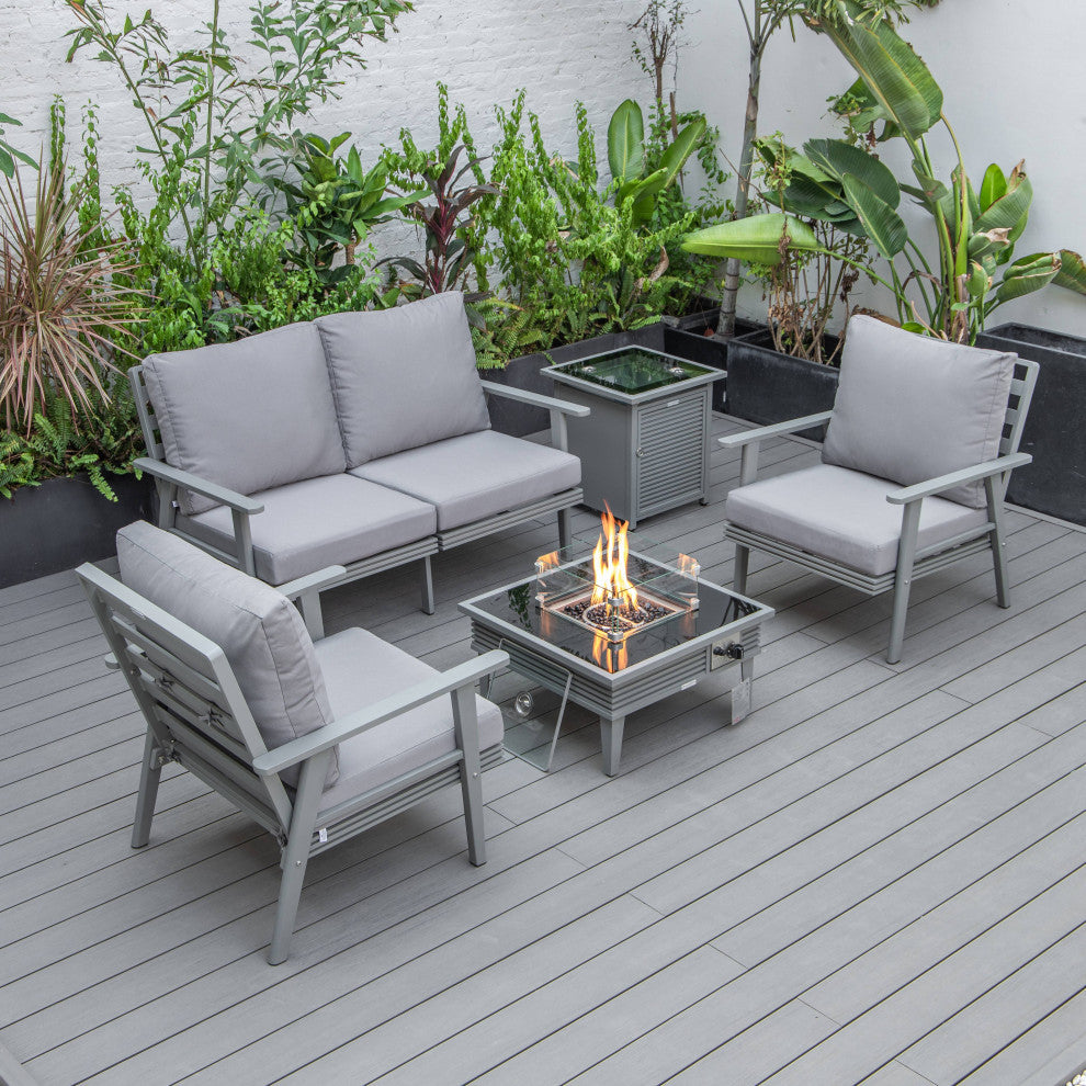 LeisureMod Walbrooke Gray Patio Conversation Set With Fire Pit, Gray