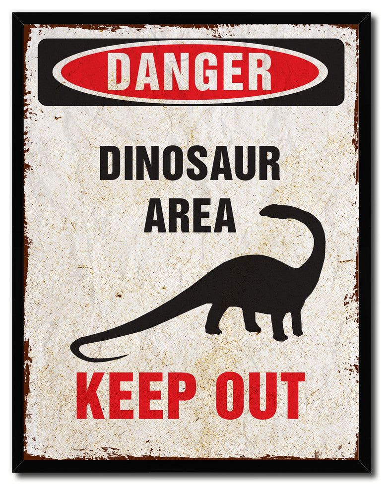 Danger Dinosaur Area Danger Sign, Canvas, Picture Frame, 13"X17"