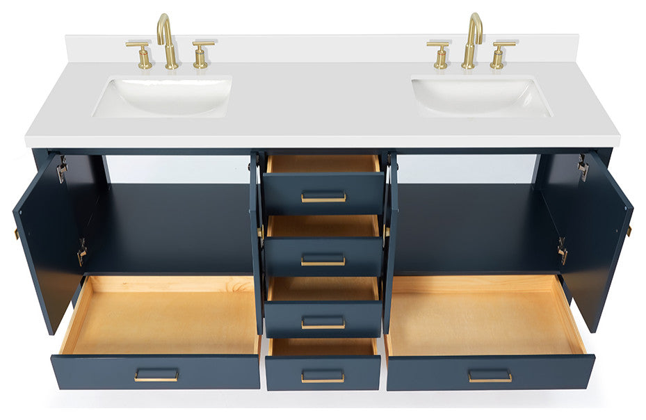ARIEL Cambridge 73" Double Rectangle Sink Blue Vanity Quartz Top, No Mirror