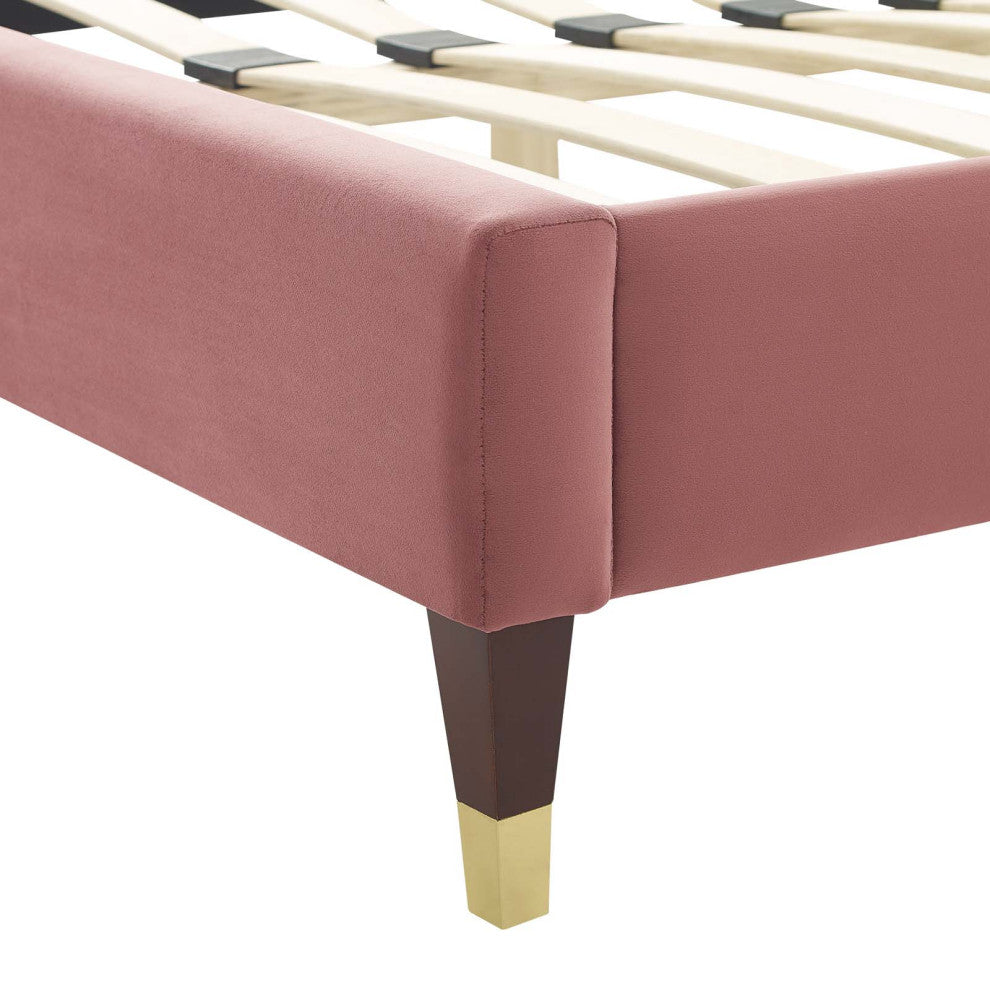 Platform Bed Frame, Queen Size, Velvet, Pink, Modern Contemporary, Bedroom