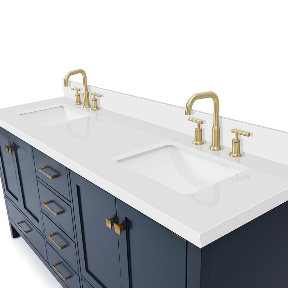 ARIEL Cambridge 73" Double Rectangle Sink Blue Vanity Quartz Top, No Mirror
