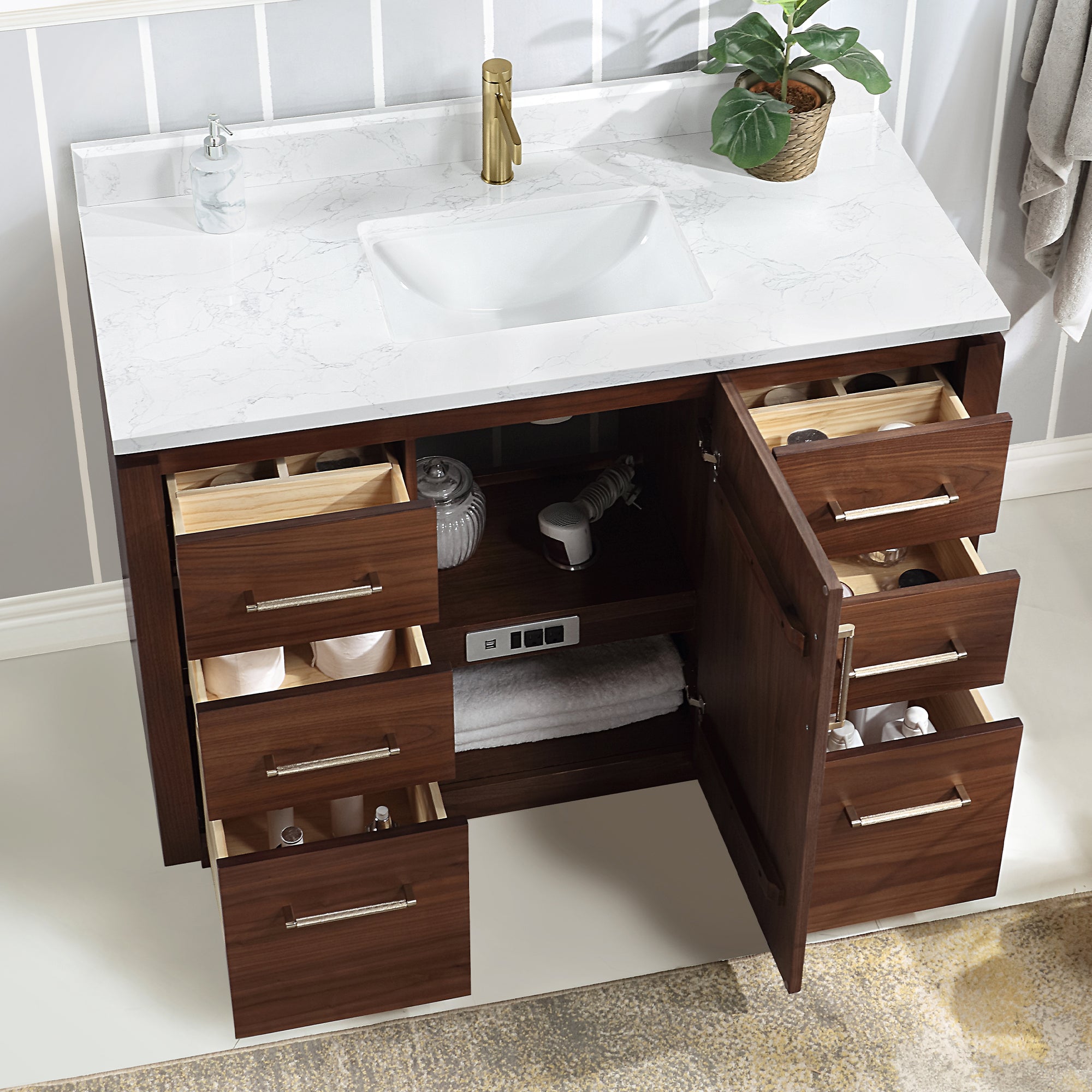 San Bath Vanity with Stone Top, Natural Walnut, 48", Single Vanity, No Mirror