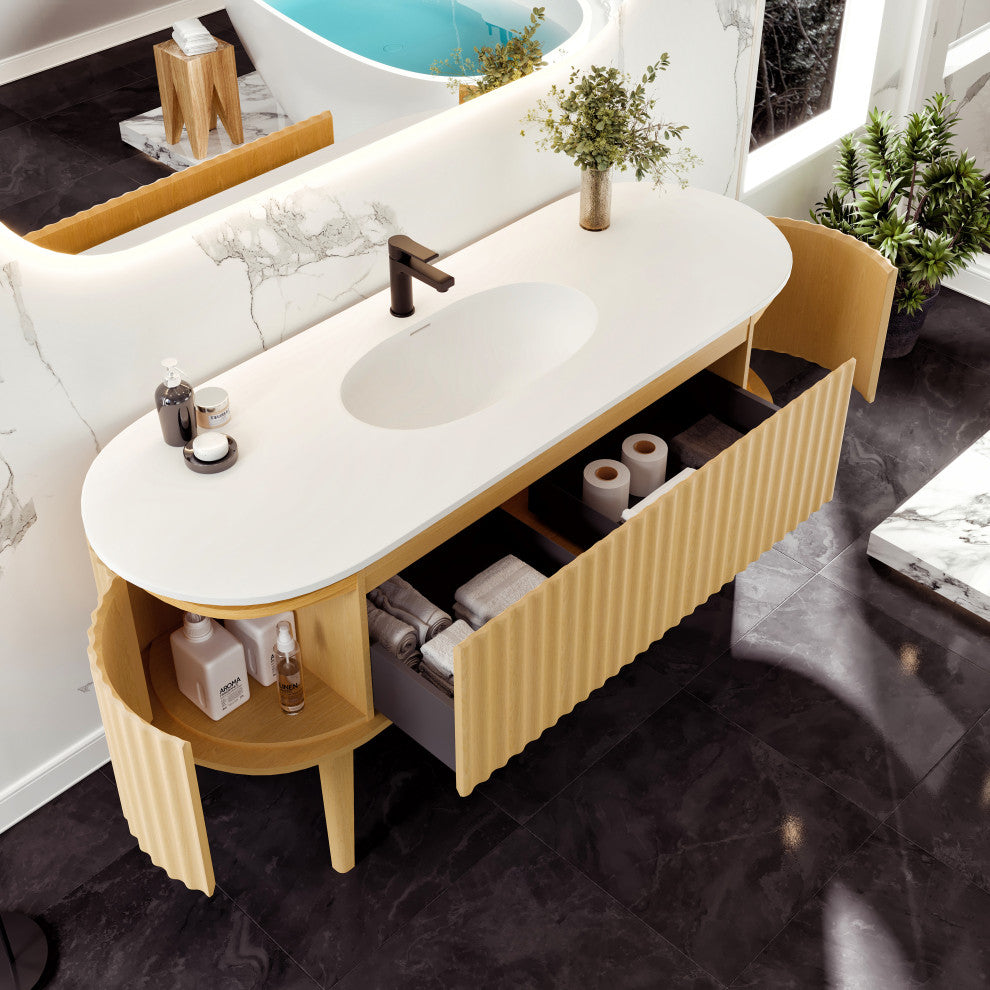 Eviva Haven 64" Oak Freestanding Vanity With White Solid Surface Integrated Top