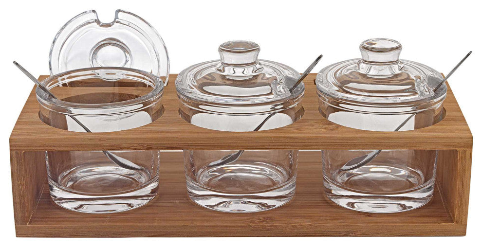 6 Mouth Blown Crystal Jam Set With 3 Glass Jars And Spoons On A Wood Stand