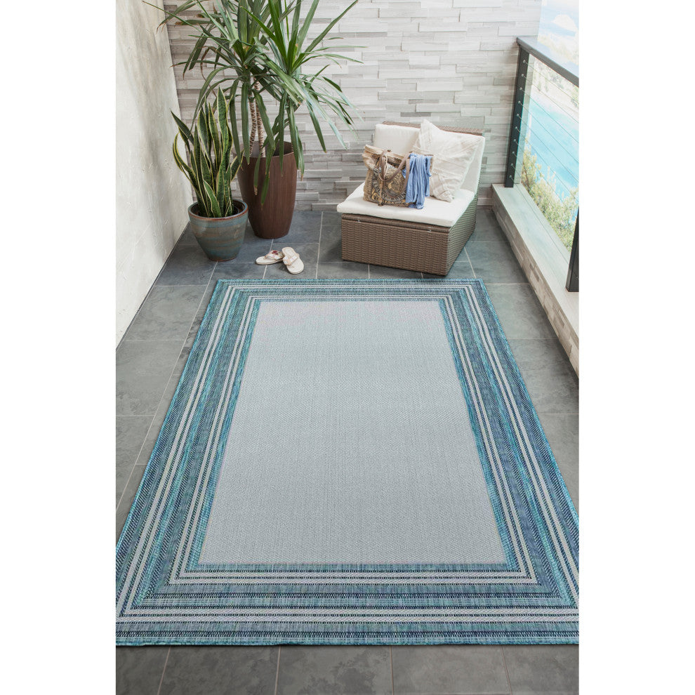Carmel Multi Border Indoor/Outdoor Rug, Aqua, 7'10"x9'10"