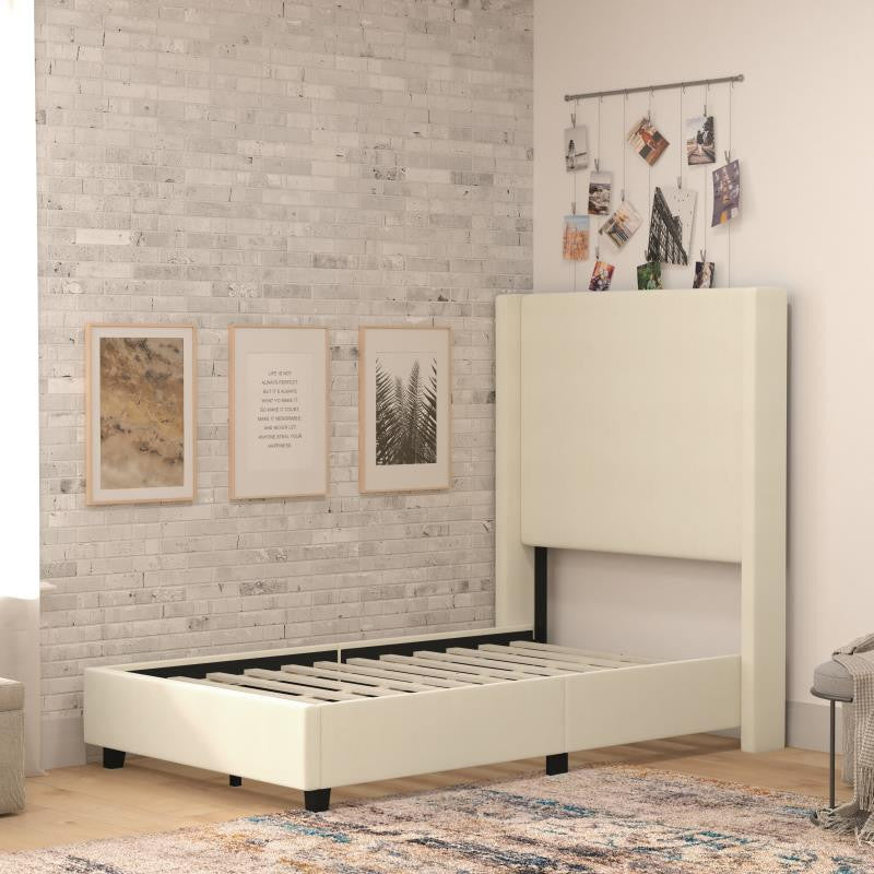 Quinn Upholstered Platform Bed with Channel Stitched Wingback Headboard, Beige, Twin