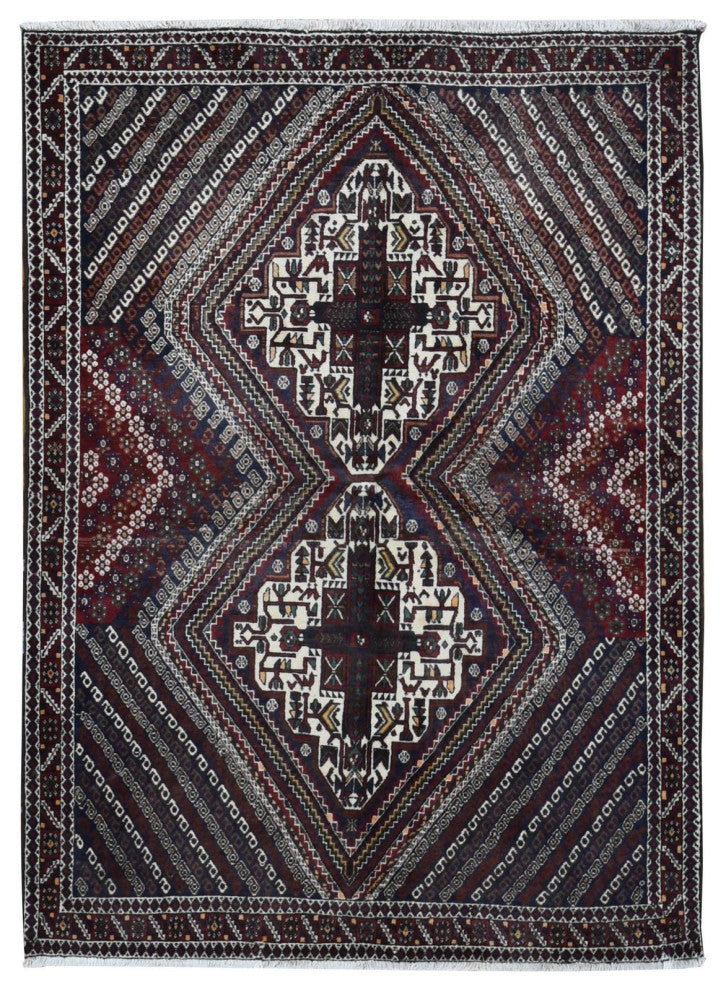 Blue Vintage Persian Shiraz Design Pure Wool Hand Knotted Rug 4'1" x 5'9"