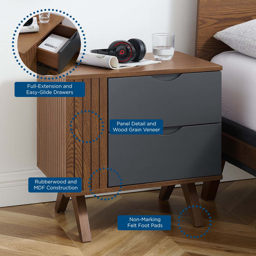 Platform Bed Dresser Chest Nightstand Set, Queen, Walnut, Wood, Modern
