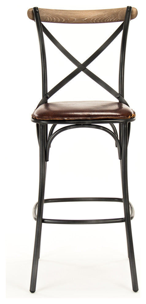 Zain Bar Stool, Black Frame, Antique Black, Brown Leather