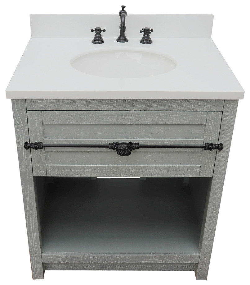30" Single Vanity, Gray Ash, White Engineered Stone Top, Oval Sink