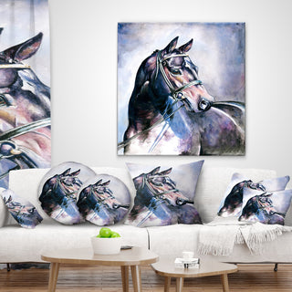 Black Horse With Bridle Abstract Throw Pillow, 18"x18"
