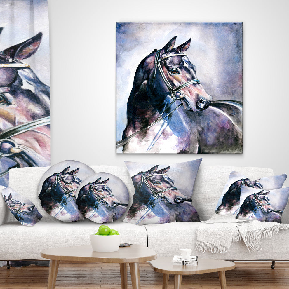 Black Horse With Bridle Abstract Throw Pillow, 18"x18"