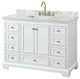Deborah 48" White SGL Vanity, Carrara Marble Top, Sq. Sink, Gold Trim