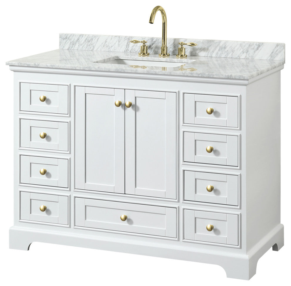 Deborah 48" White SGL Vanity, Carrara Marble Top, Sq. Sink, Gold Trim