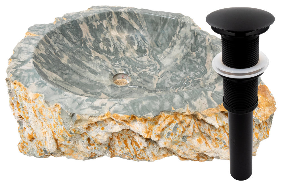 Novatto Natural Cobblestone Vessel Bathroom Sink with Drain, Matte Black