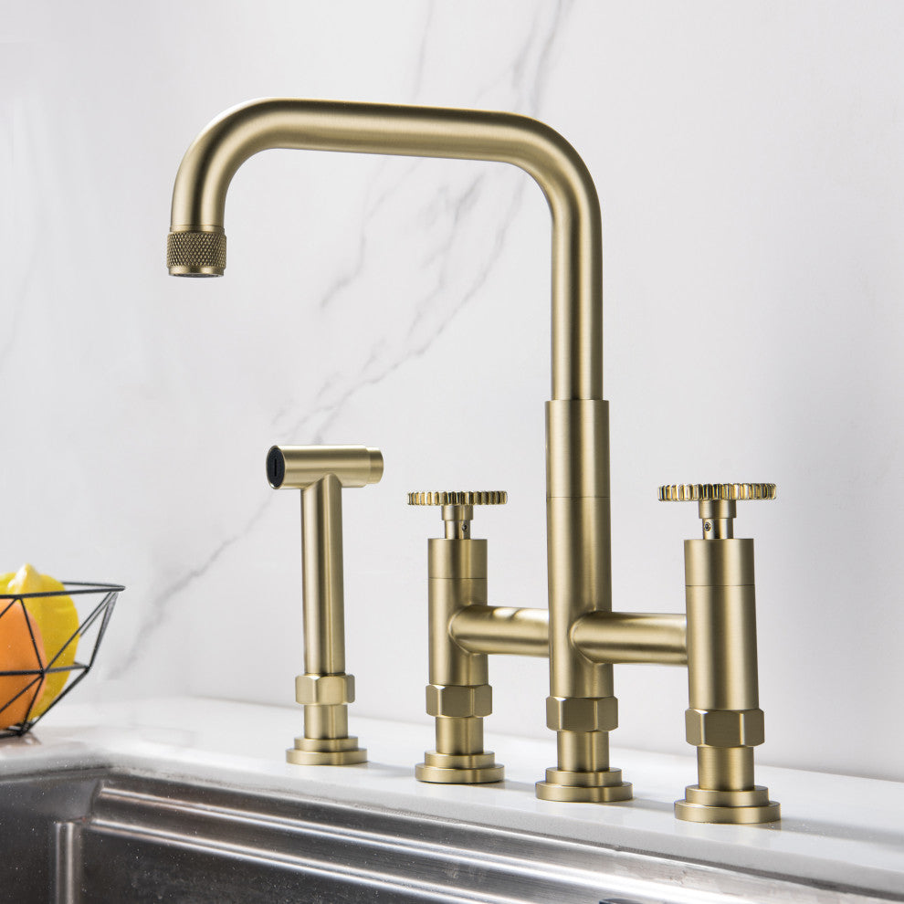 Deck-Mount Bridge Kitchen Sink Faucet With Dual Wheel Handles and Side Sprayer,