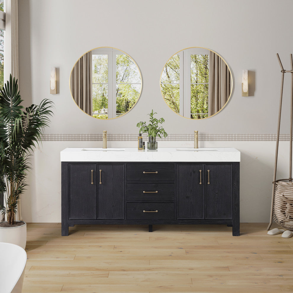 Leon Bath Vanity With Composite Stone Top, Fir Wood Black, 72", With Mirror