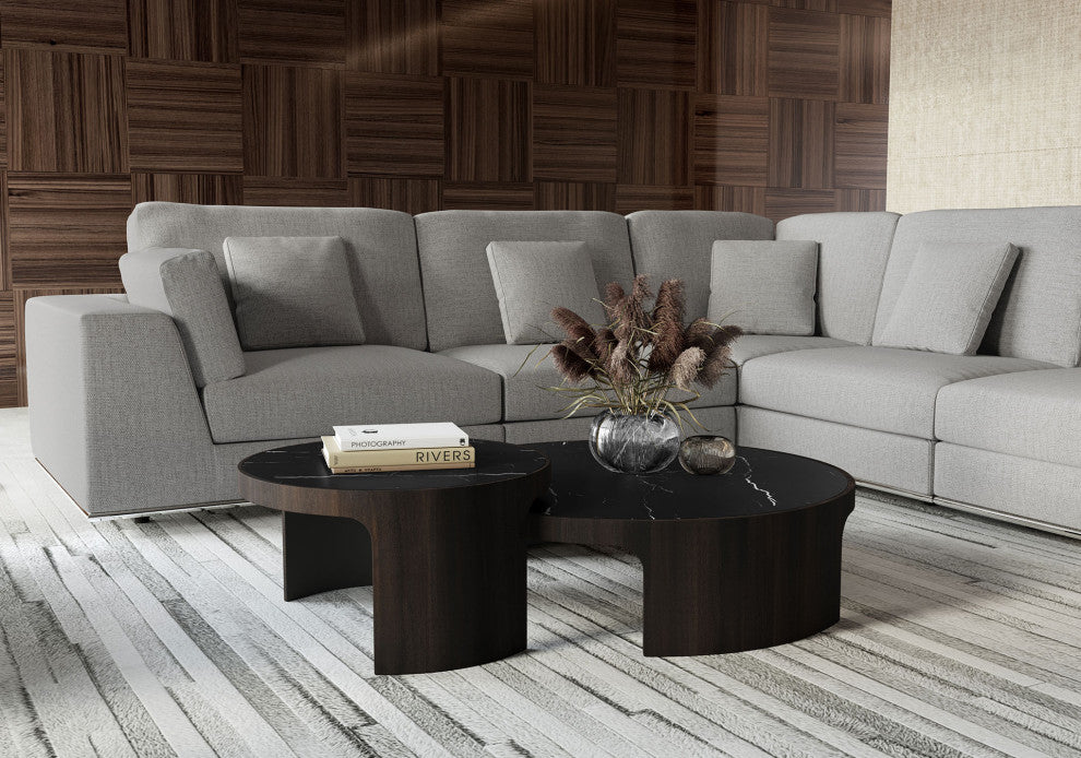Oliver Nesting Coffee Tables, Smoked Oak and Black Marble Ceramic