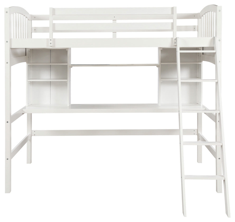 Gewnee Wood Twin Loft Bed with Storage Shelves, Desk and Ladder in White
