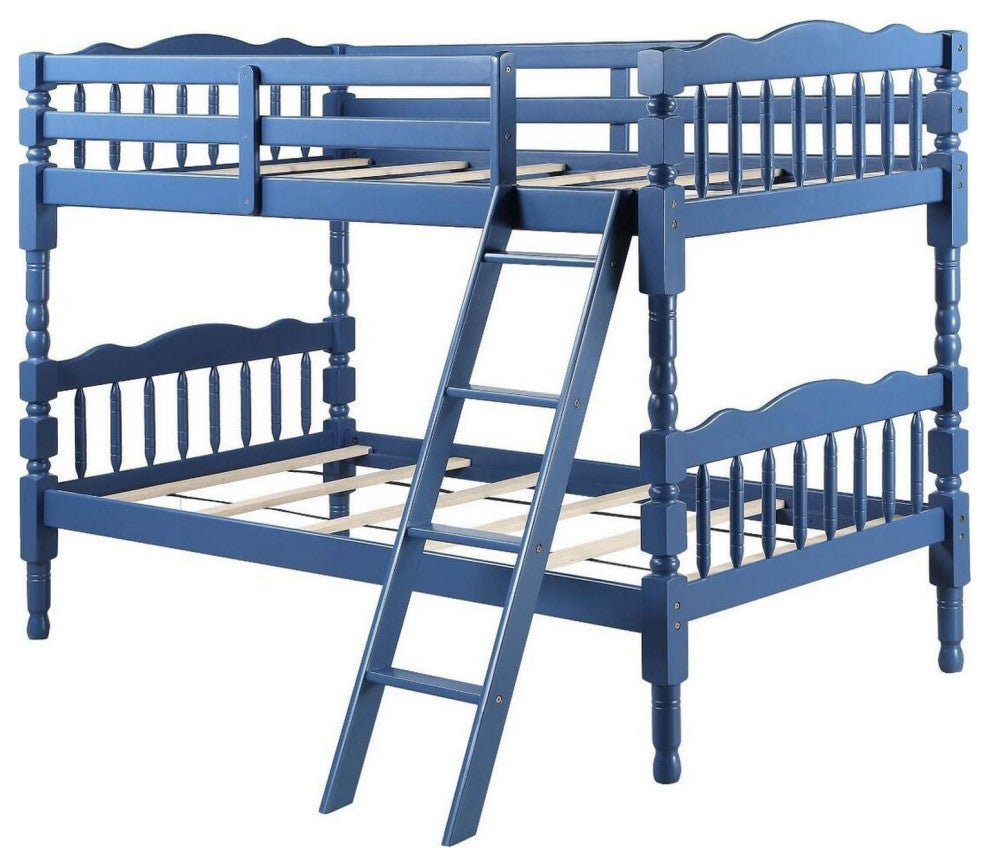 Benzara BM284021 Classic Twin Bunk Bed With Ladder Guard Rail, Carved Legs, Blue