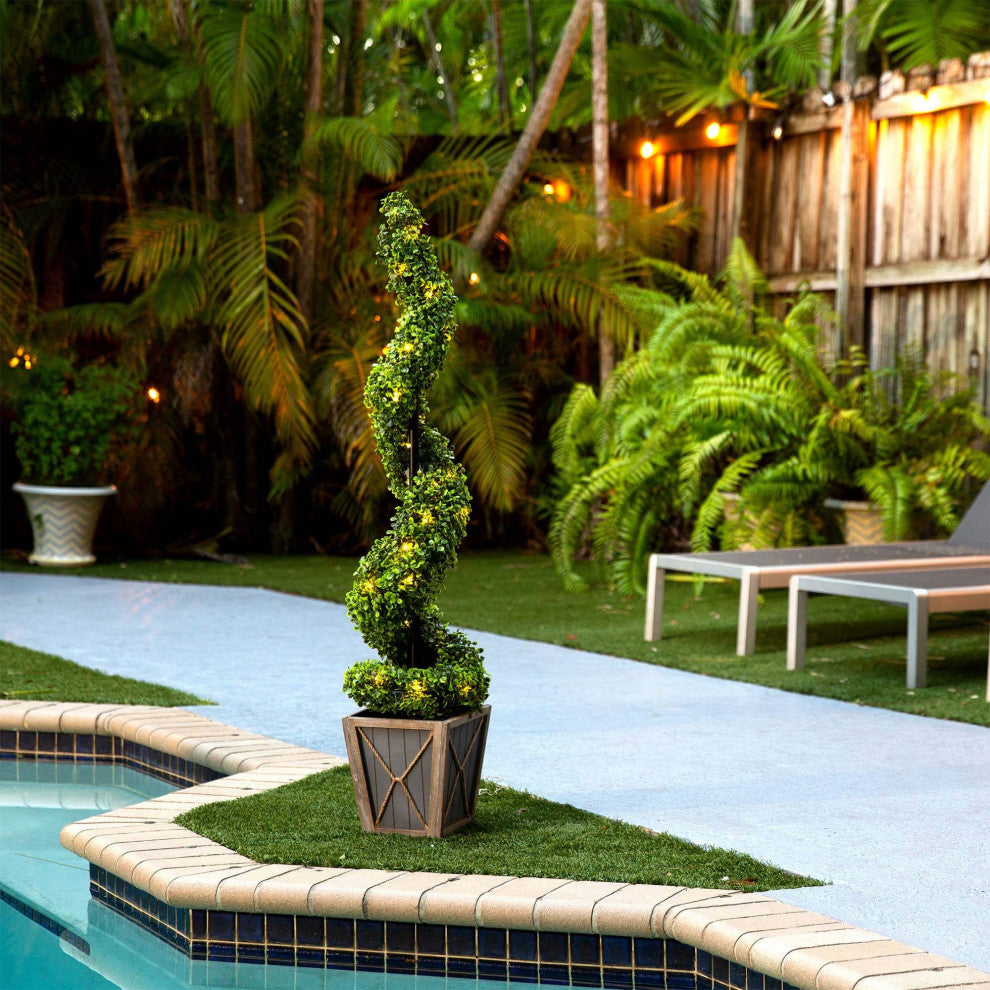 45in. UV Resistant Prelit Artificial Boxwood Spiral Topiary Tree, Planter