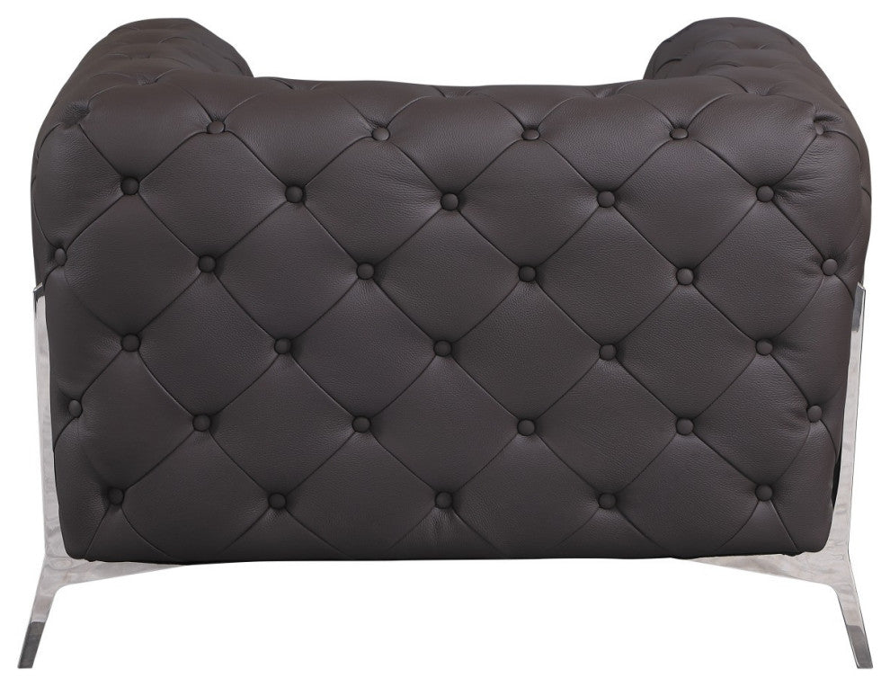 Glam Espresso Brown and Chrome Tufted Leather Armchair