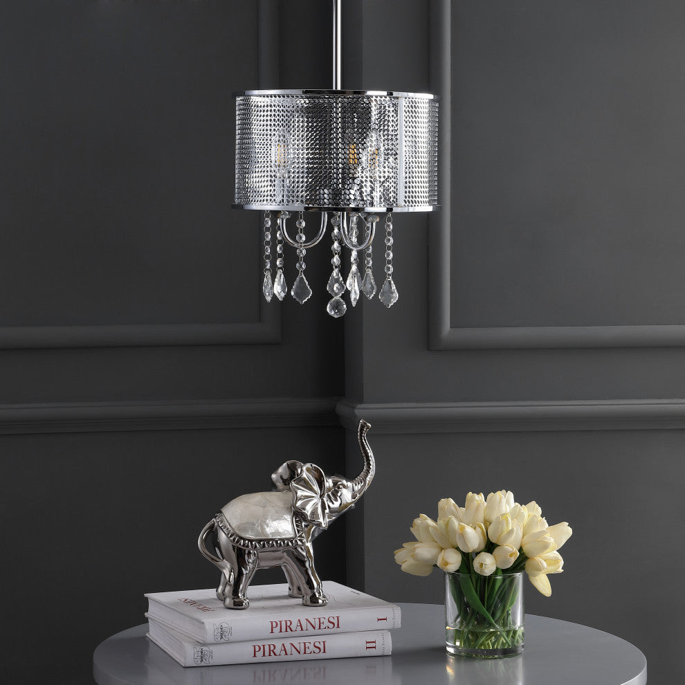 Avah Metal and Crystal Adjustable LED Drop Pendant, Chrome, 13