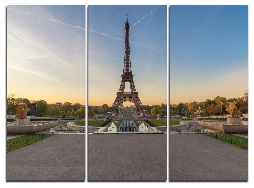 "Wide View of Paris Eiffel Tower at Sunrise" Metal Wall Art, 3 Panels, 36"x28"