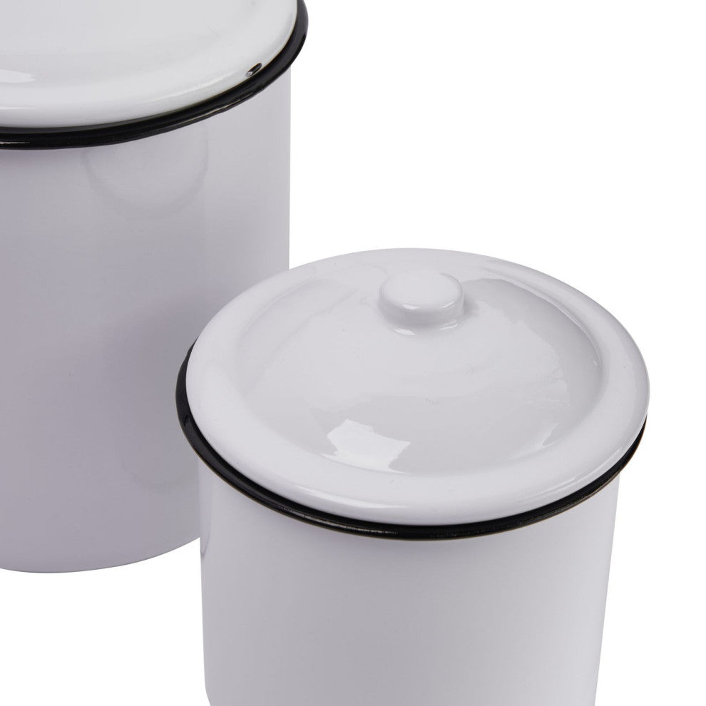 White Enameled Canisters With Lids, 2-Piece Set