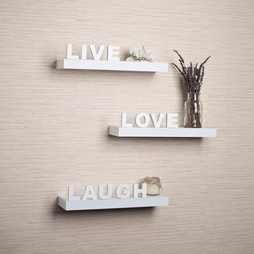 Decorative "Live" "Love" "Laugh" Wall Shelves, Set of 3, White