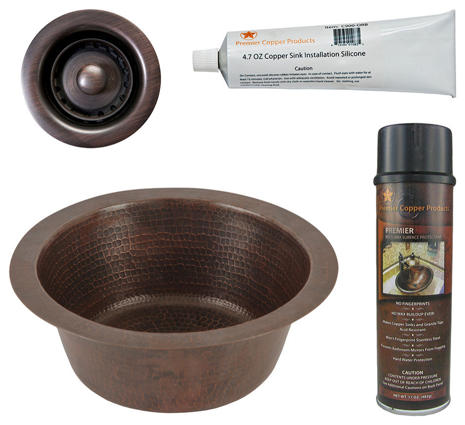 12" Round Hammered Copper Bar Sink, 2" Drain Opening, Drain & Accessories