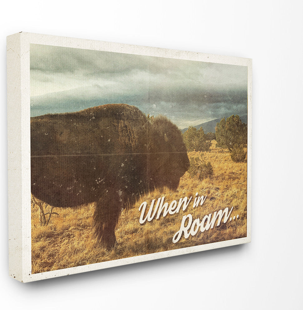 When In Roam Buffalo in a Field Western Scene Postcard Stretched Canvas, 30"x40"