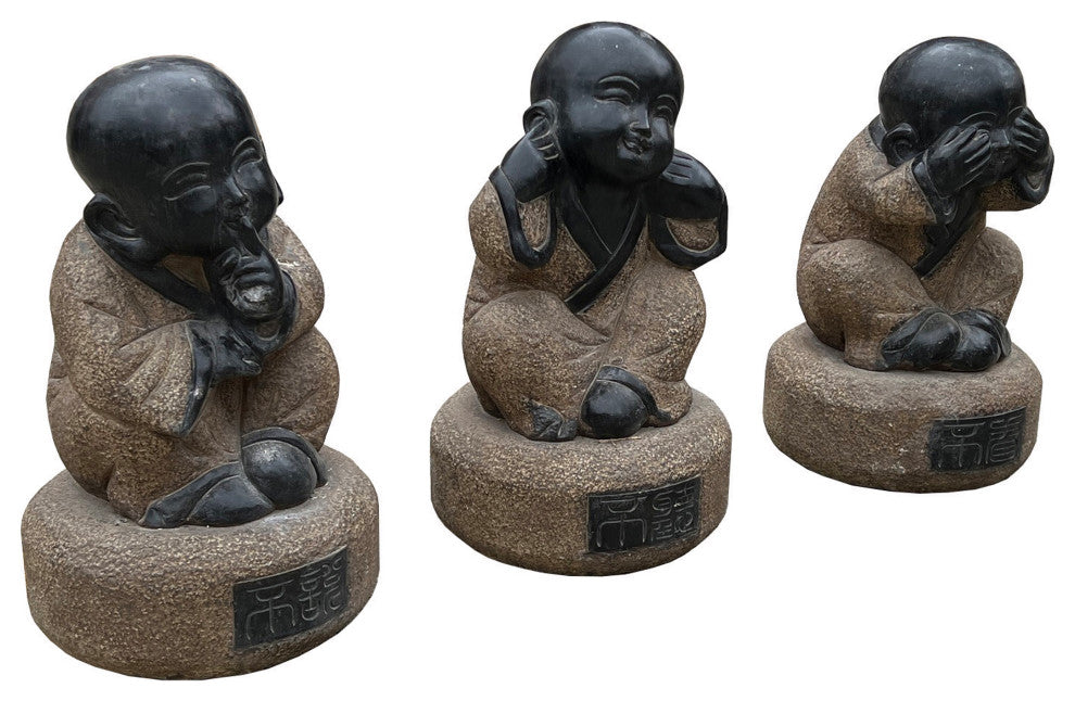Small Set 3 Black Gray Brown Stone Kid Monk Lohon Do No Evil Figures Hcs7658B
